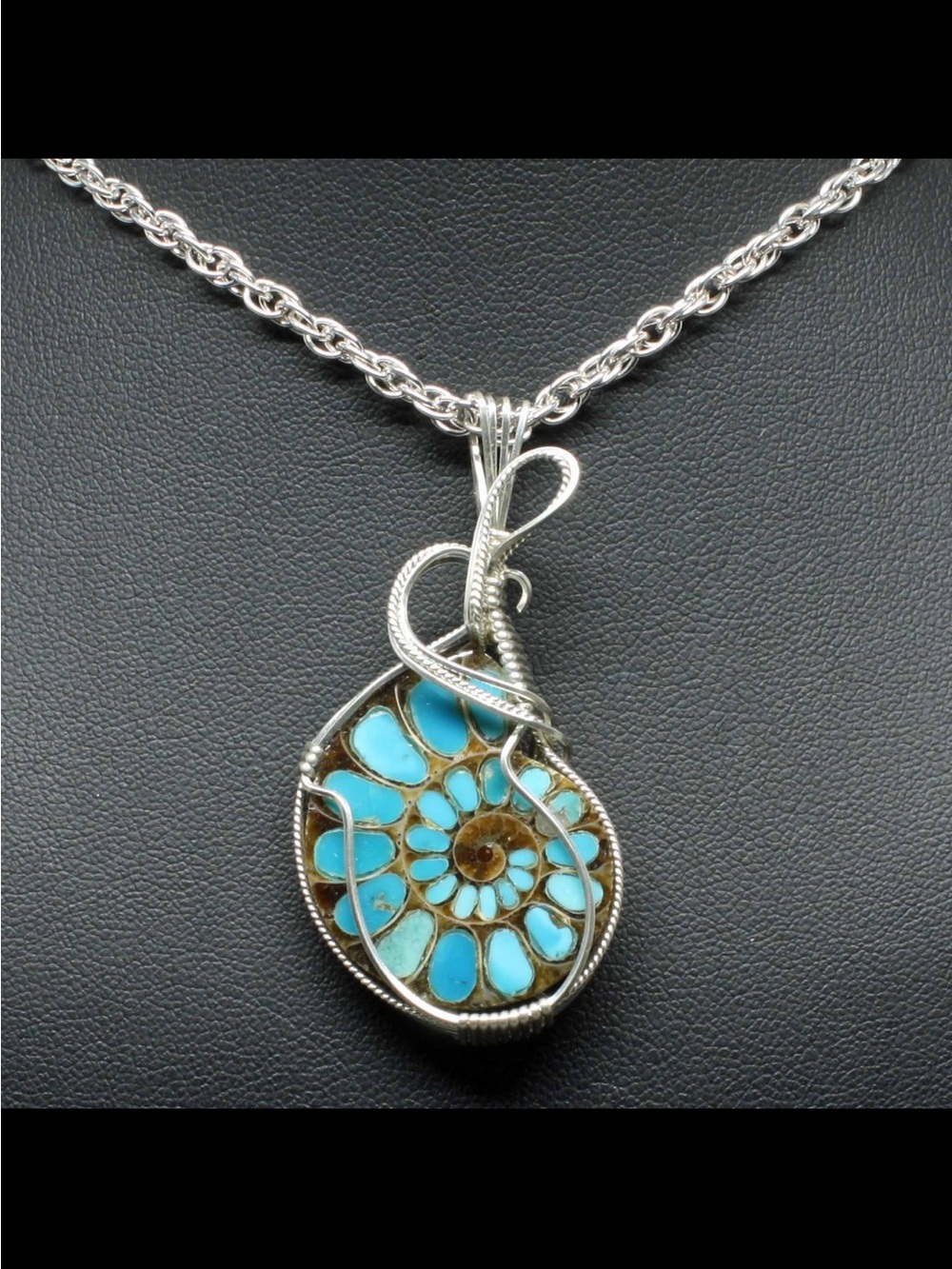 Ammonite Turquoise Pendant: 100% Natural, Sterling Silver